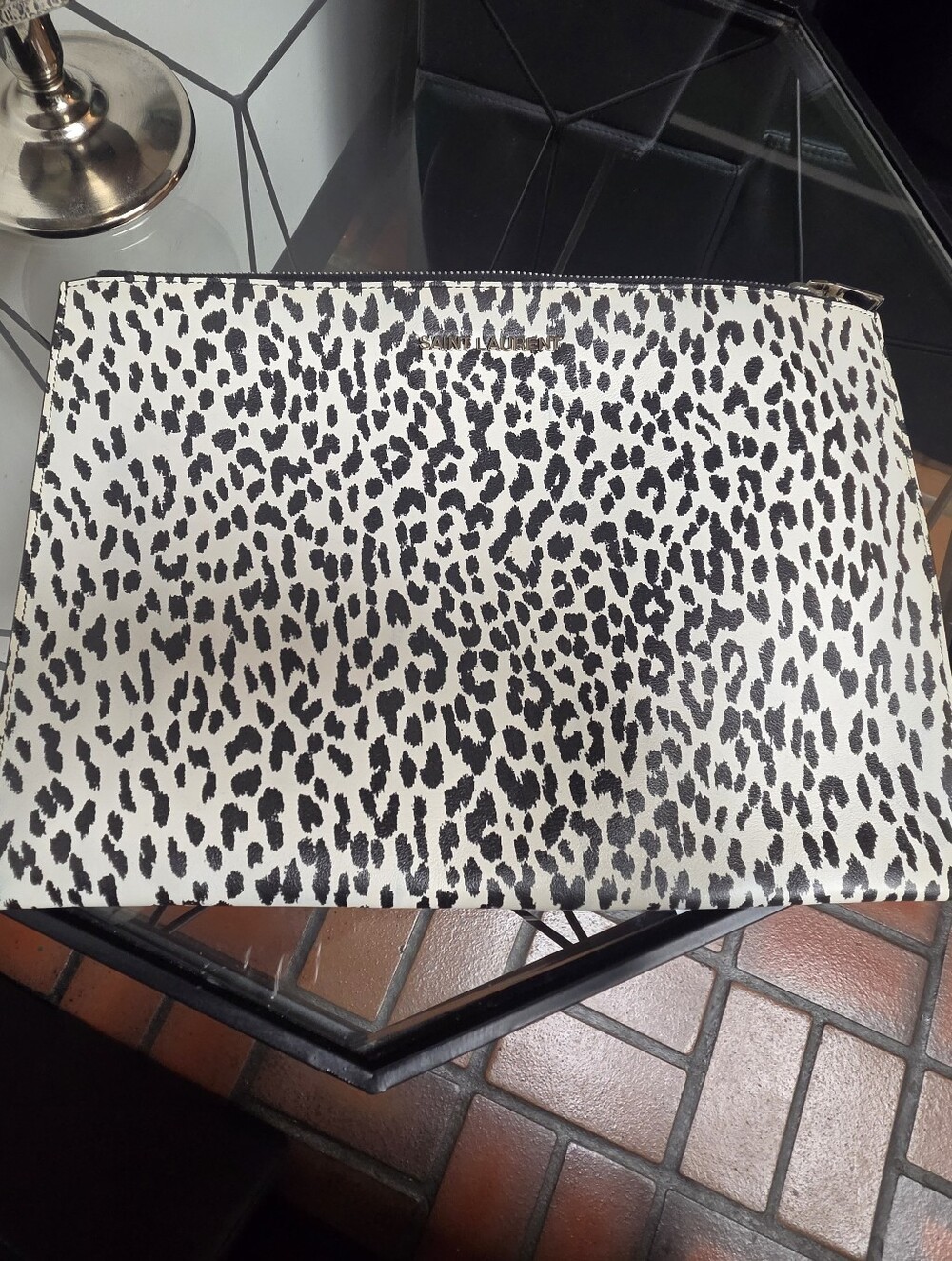 Saint Laurent Black and White Leopard Print Clutch